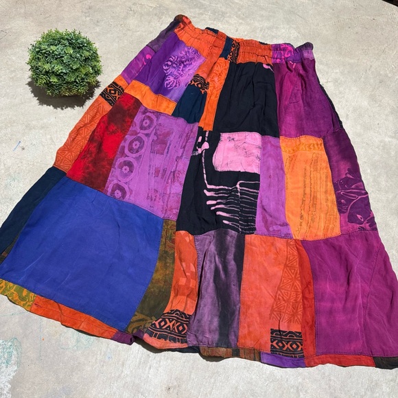 Vintage Dresses & Skirts - Vtg Patchwork Modi Skirt Size M Hippie Boho Gypsy Modest Pull On Colorful Flare